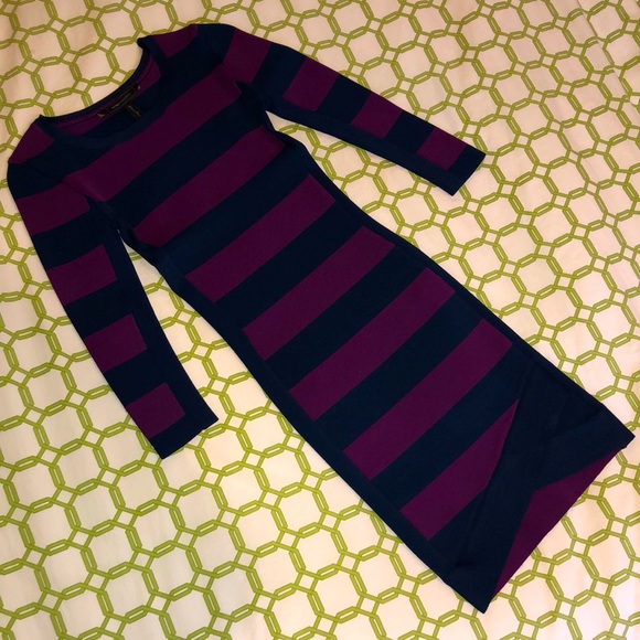 BCBGMaxazria Striped Body Con Bandage Dress 3/4 Sleeves Purple Navy Size XXS - Picture 2 of 9